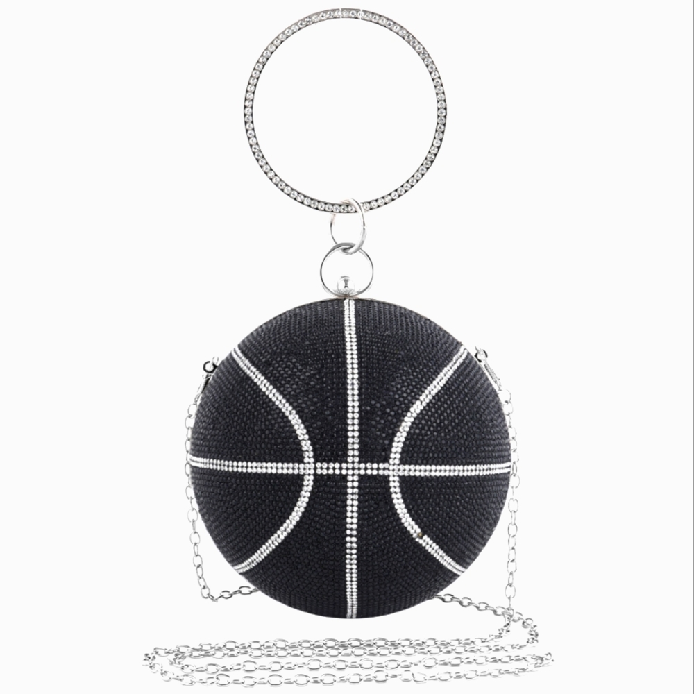 Basketball Bag Clutch, Black Crystals, cross-body chain & hand / wrist drop.